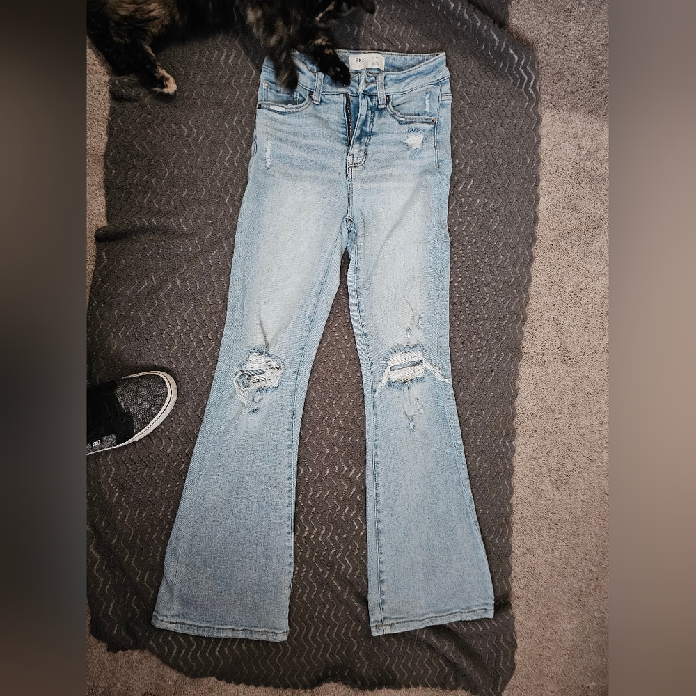 BKE Light Blue Distressed Flare Jeans